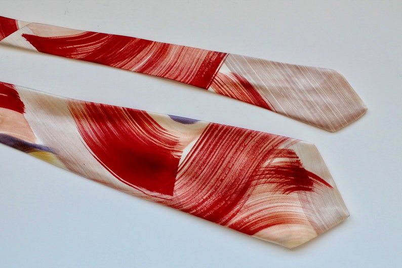 Vintage 1940s/1950s Hand Painted Wide Satin Necktie Abstract Brushstroke Design Red, Grey, Tan image 2