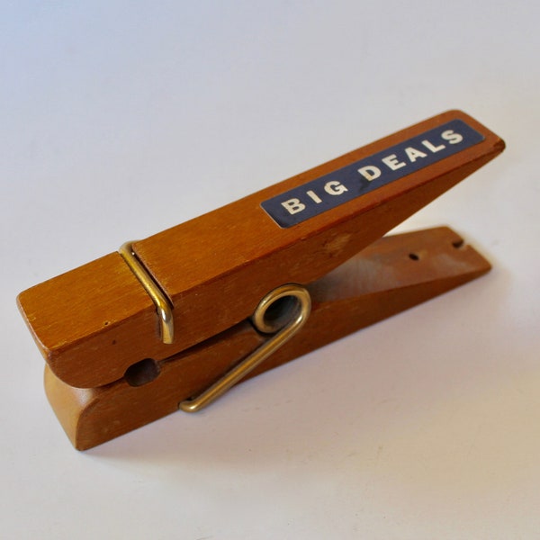 1960's/1970's Oversize Wooden Clothespin Paperweight/ Desk Decor with "Big Deals" Plaque