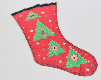 1960's Flannel Christmas Stocking with Trees! Mid Century Christmas!