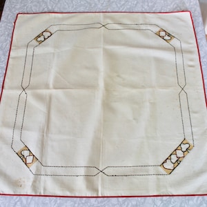 Vintage 1940s/1950s Hand Embroidered Card Game Table Cover with Red Edging and Card Suit Motif