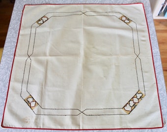 Vintage 1940s/1950s Hand Embroidered Card Game Table Cover with Red Edging and Card Suit Motif