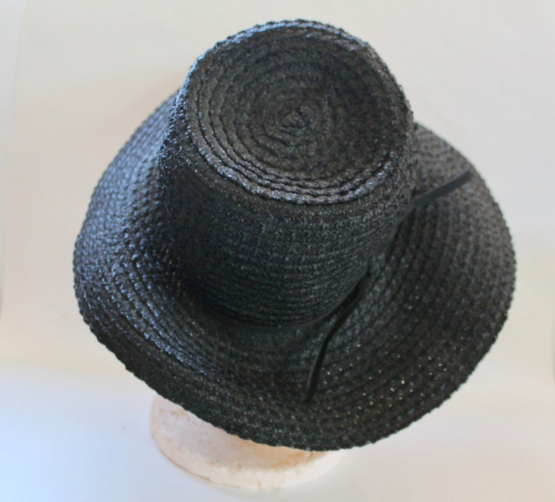 Vintage 1960s1970s Womens Black Woven Straw Wide Brim Hat with Ribbon Bow