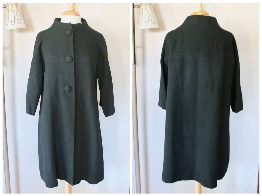 1950s/1960s Black Button Front Funnel Neck Swing Coat Size Etsy
