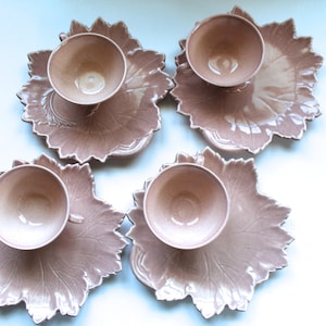 Vintage 1950s Pink Woodfield by Steubenville Pottery Leaf-Shaped Tea Cups and Snack Plate Saucers - Set of Four