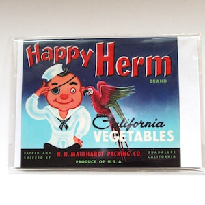 Vintage 1950&#39;s Produce Crate Label- Happy Herm California Vegetables! Cute Vintage Sailor!