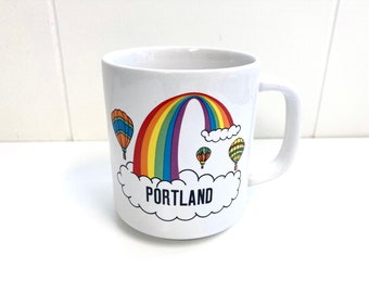 Vintage 1980's Portland Rainbow and Hot Air Balloon Souvenir Coffee Mug! Kitschy Pride!