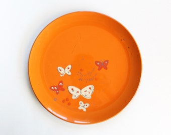 Vintage 1960's Orange Asian Butterfly Motif Round Tray