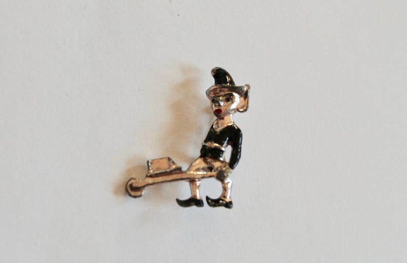 Vintage 1950's Pixie/Elf Figural Novelty Pin/Brooch Black and Silver Tone image 2