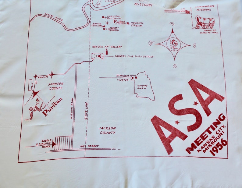 May include: A red and white map of Kansas City, Missouri, with a red star and the text "ASA Meeting Kansas City, Missouri 1956". The map shows the location of the Puritan Hotel, the Starlight Theater, and Swope Park.