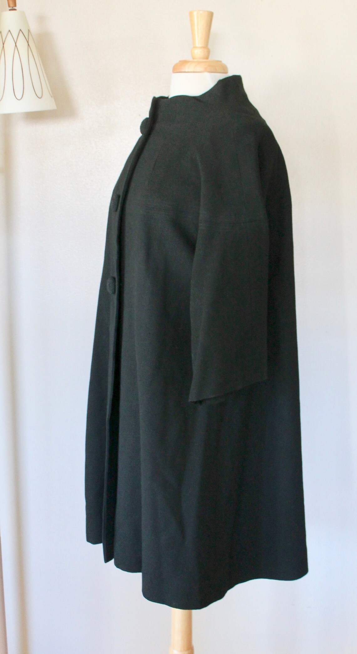 1950s/1960s Black Button Front Funnel Neck Swing Coat Size Etsy