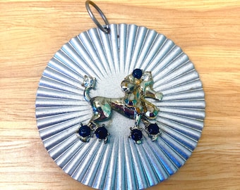 Vintage 1950s/1960s Gold Tone and White Large Poodle Pendant with Green Eyes!
