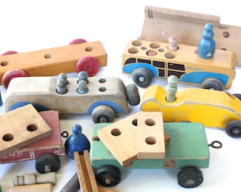 1940s Wooden Race Car and Peg People Toy Lot! Antique Wooden Toy Cars!