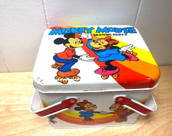 Vintage 1970's-80’s Disney Mickey Mouse Skating Party Metal Tin Basket! Cute!