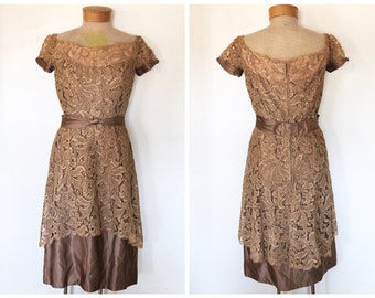 1950s Brown/Fawn Alencon Lace with Satin Fancy Formal Cocktail Dress with Waist and Sleeve Detail and Fitted Wiggle Skirt  - Size MD