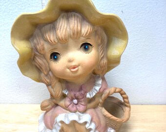 Vintage 1960’s-70’s Girl with Bow and Basket Figural Planter | Cute Midcentury Ceramics!