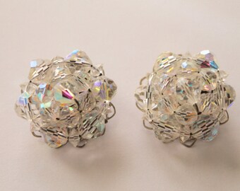 Iridescent Rhinestone Bead Cluster Clip-On Earrings- Vintage 1960s