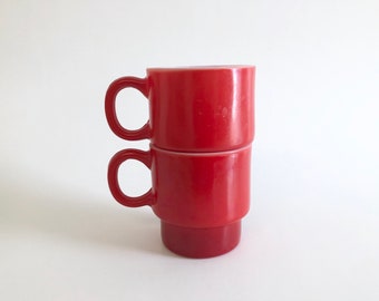 Vintage 1960's Set of Two Red Stacking Milk Glass Mugs