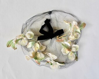 Vintage 1940s/1950s Black Veil with Black Velvet Bow and White Silk Flowers