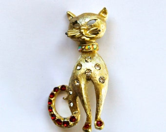 Vintage 1950's-60's Gold Tone Cat Pin/Brooch with Rhinestones! Cute!