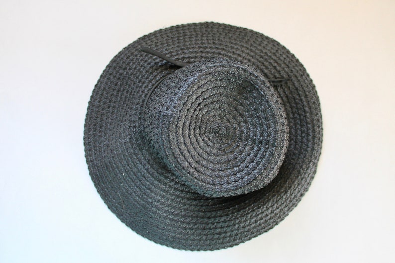 Vintage 1960s1970s Womens Black Woven Straw Wide Brim Hat with Ribbon Bow