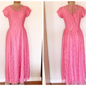 1960s Bright Pink/Magenta Lace Short Sleeved Long Formal Gown/Evening Dress with Illusion Neckline - Size Medium / Bridesmaids Dress