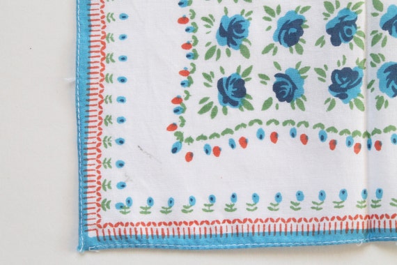 Vintage White and Blue Rose Floral Cotton Handker… - image 3