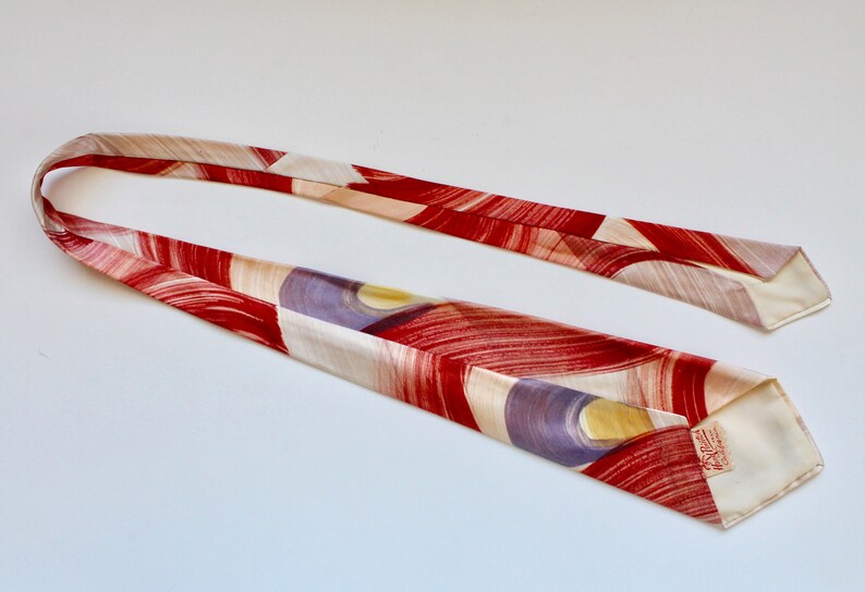 Vintage 1940s/1950s Hand Painted Wide Satin Necktie Abstract Brushstroke Design Red, Grey, Tan image 3