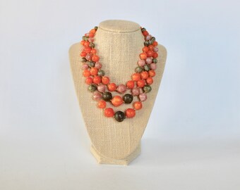 1960s Bright Orange, Pink, and Green Three Strand Plastic Bead Necklace! Mid Century Costume Jewelry!