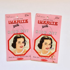 Vintage 1950s Set of Two Luxrite Hair Nets- Light Brown - Original Packaging with Cute Retro Graphics
