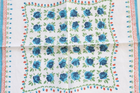 Vintage White and Blue Rose Floral Cotton Handker… - image 2