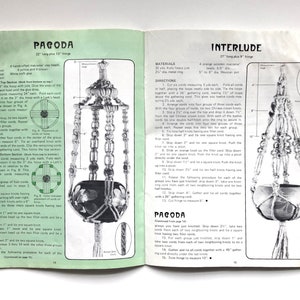 May include: A vintage craft book with instructions for making macrame plant hangers. The book features two different designs, "Pagoda" and "Interlude", with detailed diagrams and materials lists.