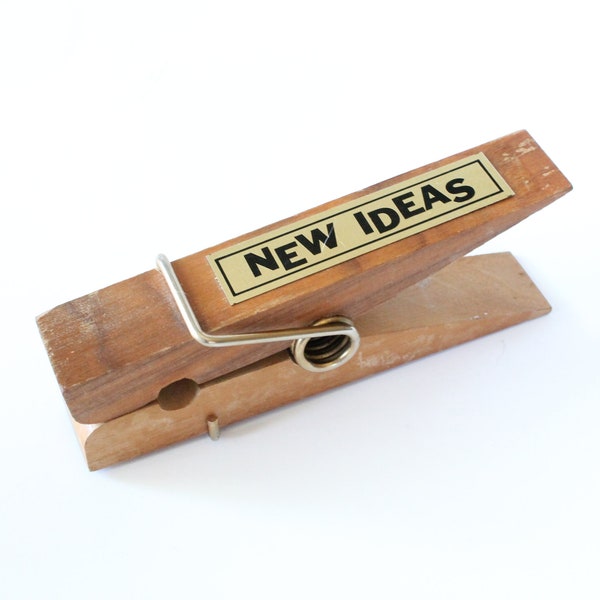 Vintage 1960's/1970's Oversize Wooden Clothespin Paperweight/ Desk Decor with "New Ideas" Plaque