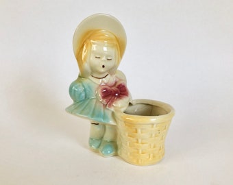 Vintage 1940's/1950's Blonde Girl with Bow and Basket Figural Planter | Cute Midcentury Ceramic Planter