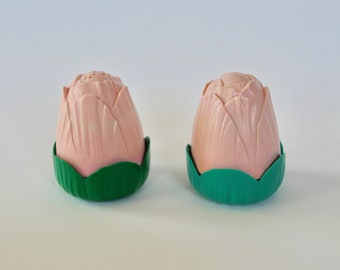 Vintage 1950s Pink and Green Plastic Rosebud Salt and Pepper Shakers