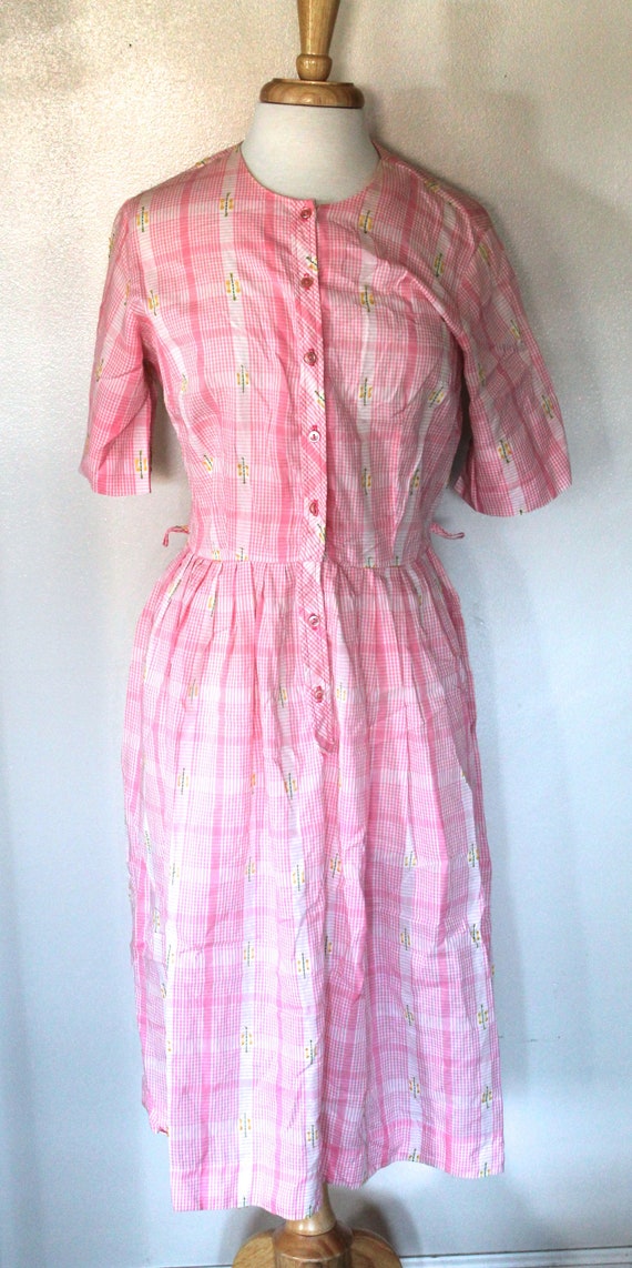Vintage 1950's-60's Pink Gingham Pleated Dress wit