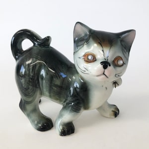 Vintage 1960&#39;s Ceramic Cat - Gray and Brown Tabby Cat Handpainted Figurine with Rhinestone Eyes!