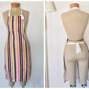 Vintage 1960s Retro Bright Pink, Yellow, and Brown Striped Twill Apron with Bib / Fun Baking Apron / Artists Apron