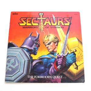 May include: A vintage book cover featuring a colorful illustration of two warriors facing each other. The book is titled "Sectaurs: Warriors of Symbion - The Forbidden Quest".