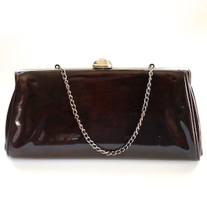 Vintage 1960&#39;s/70&#39;s Dark Brown Vinyl and Gold Clutch Purse with Chain Handle - Cute!