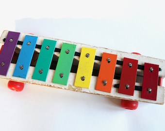 Vintage 1960's Fisher Price Pull A Tune Rainbow Rolling Xylophone Noise Maker Childs Toy!