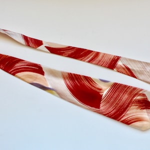 Vintage 1940s/1950s Hand Painted Wide Satin Necktie Abstract Brushstroke Design Red, Grey, Tan image 1