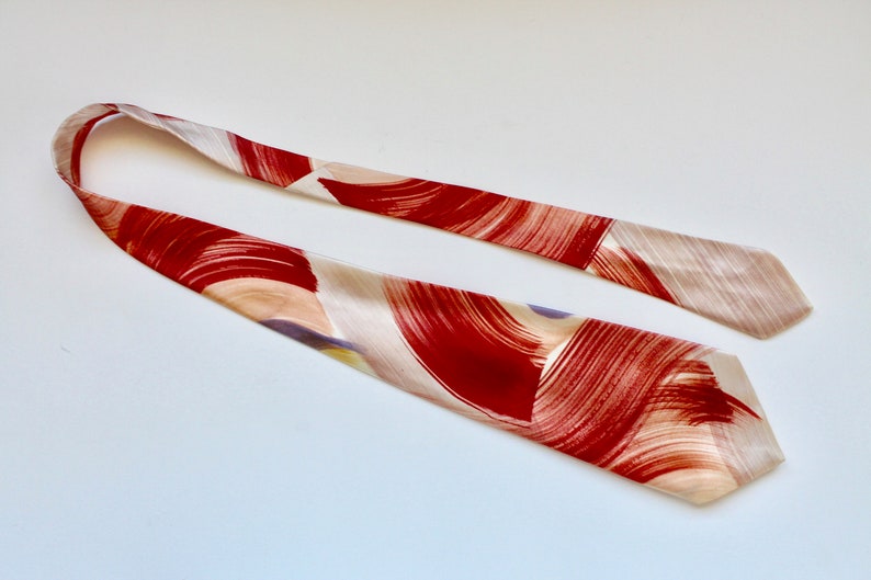 Vintage 1940s/1950s Hand Painted Wide Satin Necktie Abstract Brushstroke Design Red, Grey, Tan image 1
