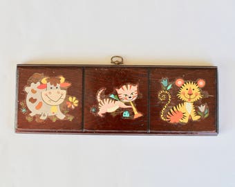Vintage 1960's Cartoon Animal Design Kids Room Wooden Wall Plaque! Cute Vintage Kids Room Decor!