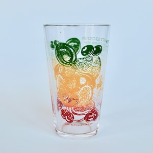 Vintage 1950s Red, Yellow, and Green Fruit Patterned Cocktail Recipe Drinking/Measuring Glass!