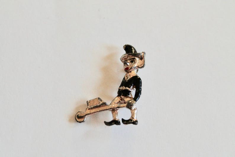 Vintage 1950's Pixie/Elf Figural Novelty Pin/Brooch Black and Silver Tone image 1