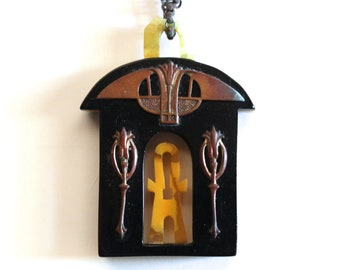 Vintage 1920's Celluloid Egyptian Revival Large Pendant Necklace! AS-IS