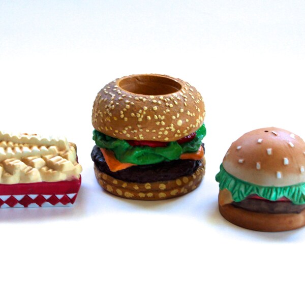 Vintage 1970's-80's Ceramic Cheeseburger and Fries Salt and Pepper Shakers and Toothpick Holder! Cute!