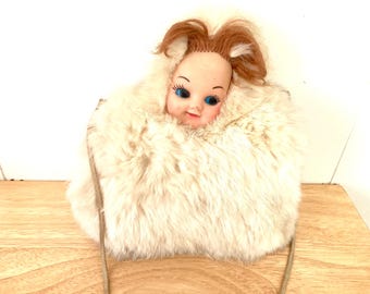 Vintage 1950's Children's Hand Warmer/Muff with Rubber Doll Face! - Vintage Fashion Accessory!