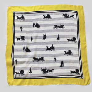Vintage 1960s Yellow, Black, and White  Mid Century Novelty Print Silk Scarf with People and Carriages