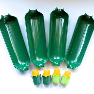 Vintage 1960&#39;s-70&#39;s Green and Yellow Plastic Corn Cob Figural Salt and Pepper Shakers and Dish Set! Cute!